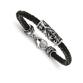 Chisel Stainless Steel Polished Antiqued Fleur De Lis Black Leather Bracelet