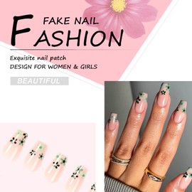 24Pcs Medium Length Press on Nails Coffin, Elegant French Acrylic Full Cover False Nails with Cute Green Flower Pattern Designs, Ballerina Acrylic Stick on Nails for Women and Girls
