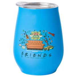 Silver Buffalo Friends Multi Doodle Icons - Vaso sin tallo de acero inoxidable de doble pared con tapa, 10 onzas