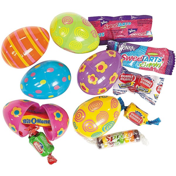 Fun Express - Candy Filled Bright Printed Eggs (2 Dz) for Easter - Party Supplies - Pre - Filled Party Favors - Pre - Filled Plastic Containers - Easter - 24 Pieces