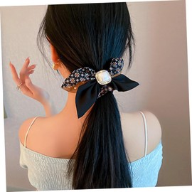 IWOWHERO Pearl Bowknot Hair Scrunchies 5-Piece Set Elegant Hair Tie Accessories for Women and Girls for Ponytails and Everyday Use Rhinestone Detail