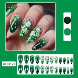 EYZOTSF Press on Almond Nails Medium Length Glossy Full Cover Acrylic French Almond Shaped False Nails with Designs Artificial Fake Nail with Charms Glue ons Fingernails for Women Girls(BKS3124)