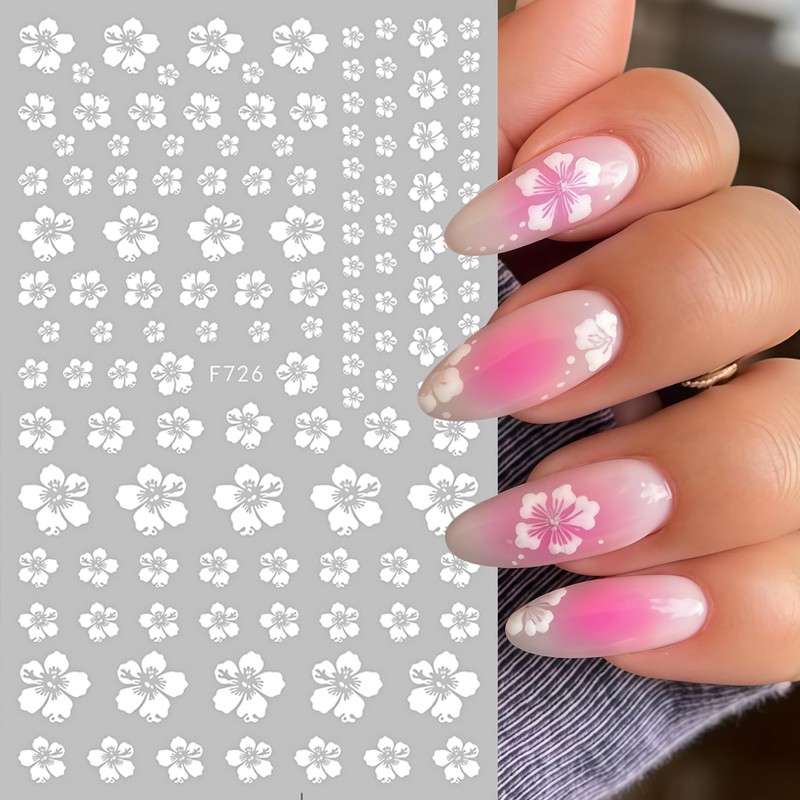 6Pcs White Flower Nail Stickers 3D Self-Adhesive Hibiscus Nail Decals