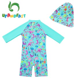 upandfast Baby/Toddler One Piece Zip Sunsuit with Sun Hat UPF 50+ Sun Protection Baby Swimsuit (Green(3/4 s), 9-12 Months)