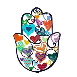 EMANUEL Yair - Decoración de pared de metal Hamsa de buena suerte para el hogar, bendición de Judaica (grande (9.5 x 6.5 pulgadas), corazones SHE-2)