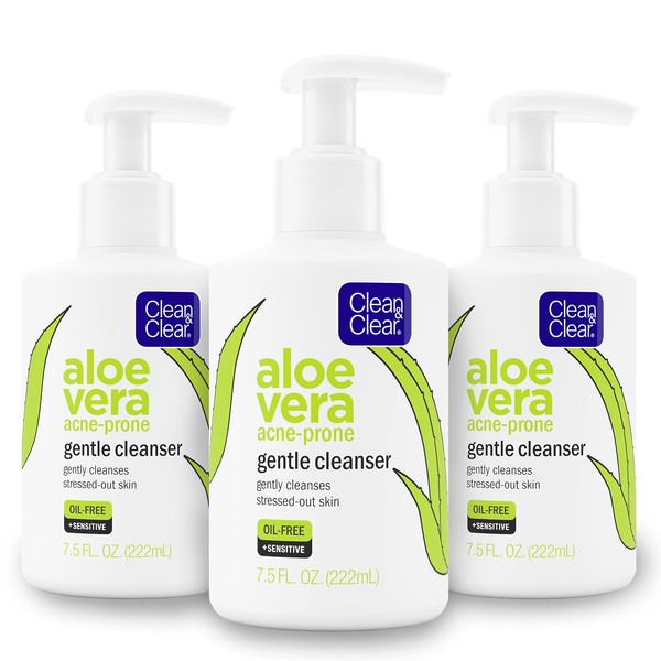 Clean & Clear Aloe Vera Gentle Facial Cleanser for Acne-Prone & Sensitive Skin, Oil-Free Daily Face Wash is Vegan and Paraben-, Soap- & Dye-Free, No Animal Testing, 7.5 fl. Oz, Pack of 3