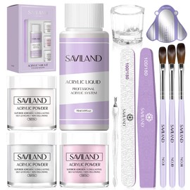 Saviland Acrylic Nail Kit - 3 Colors Clear White Pink Acrylic Powder and Liquid Set Nail Tool Kit Nail Brush Extension Manicure Starter Kit for Home DIY Nail Applications
