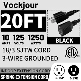 18AWG 20FT Retractable Extension Cord Black, Indoor Retardant Flame 3 Prong Coiled Extension Cord, Indoor Use for Charging Electric Pallet Tucks, Sit Stand Desk, Scissors Lift, 10A, 1250W, ETL Listed