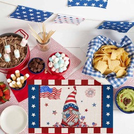 4th of July Placemats Set of 6 American Flag Gnome Place Mats Patriotic Stars Red White Blue Stripes Table Mats for Dining Kitchen Dinner Party Memorial Day Independence Day Decorations 13x19 Inch