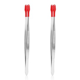 2pcs Tweezers with Rubber Tip, Straight Large Flat Tipped Head Stainless Steel Stamp Sticker Tweezers Non-Slip Coated Long Crafting Precision Tool for Bead Craft Jewelry Making Hobby(Red)