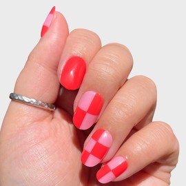 Olive & June Super Stick Mani Press-On Nails | Short, Round | No Glue Needed | 32 Tab Nails in 16 Sizes | Non-Toxic Tabs | Easy On-Off, Non-Damaging | Realest Look | 7-Day Wear | Pink Checker Party