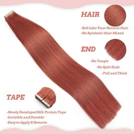 HotLulana Tape Extensions Real Hair Copper Red (#350) Extensions Real Hair 20 Inches / 50 cm 25 g Invisible 100% Natural Tape-In Extensions Real Hair 10 Pieces Skin Weft Extensions Real Hair Tape