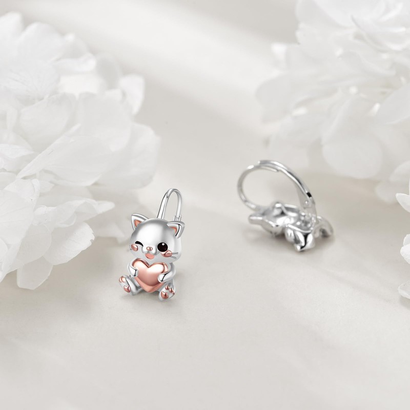 Cat Hoop Earrings 925 Sterling Silver Cat Earrings for Women