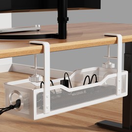 Under Desk Cable Management Tray, Cinati 16" Cable Management Under Desk with Clamp No Drill, Cable Organizer for Table Thickness up to 3", No Damage to Cable Management Box for Office, Home (White)