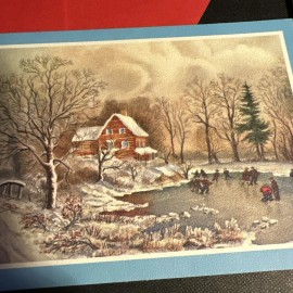 Vtg Christmas Card UNUSED Town Currier And Ives Ice skating rink Pond Early