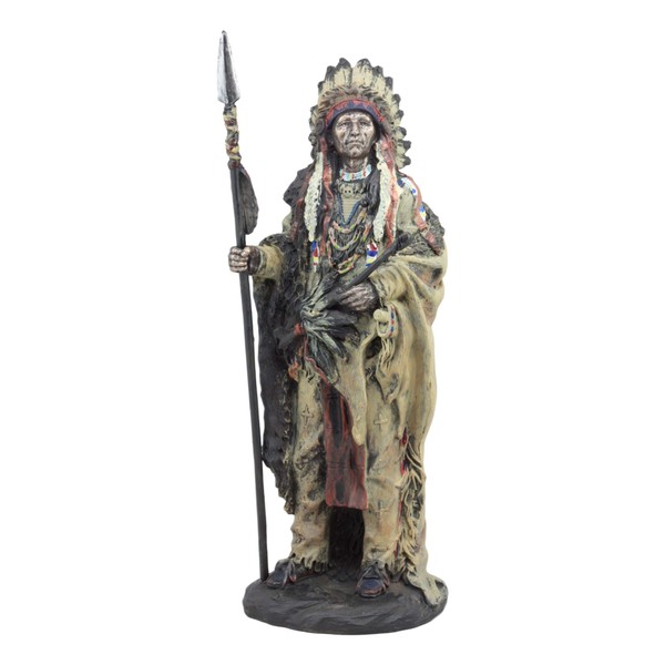 Ebros Native American Indian Warrior Chief In Animal Coat and Battle Headdress Statue Strength And Wisdom Leader Of The Tribe As Home Decor Sculpture Shelf Adornment Cultural Heritage History Figurine