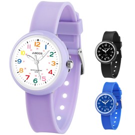 Juboos Children's watch, children's watch, boys and girls, analogue quartz watch with children's watch, light, 50 m, waterproof, learning time, wristwatch, children, boys, 4-12, purple, Modern