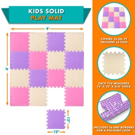 ProSource Foam Puzzle Floor Play Mat for Kids and Babies with Solid Colors, 36 or 16 Interlocking Tiles with Borders, Pink/Purple/Beige