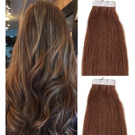 Hair Faux You 18 inch Tape in Hair Extensions Real Human Hair, 100g,40pcs, Glue in Extensions, Silky Straight Remy Hair Color #6 Medium Chestnut Brown