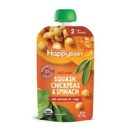 Happy Baby Organics Savory Blends Stage 2 Organic Squash, Chickpeas & Spinach with Avocado Oil + Sage, 4oz Pouch (16 Pack)