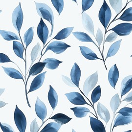 Blue Leaf Boho Peel and Stick Wallpaper – 17.5" x 393" Self-Adhesive Vinyl Blue Floral Contact Paper for Bedroom Bathroom Walls, Modern Removable Wallpaper Decor in Navy and White