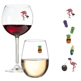 Flamingo Beach Wine Glass Charms - Set of 7 Magnetic Markers or Tags for Stemless or Regular Glassware by Simply Charmed