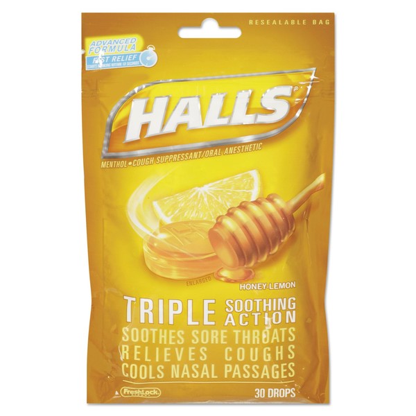 Halls 28694 Triple Action Cough Drops Honey-Lemon 30/Bag