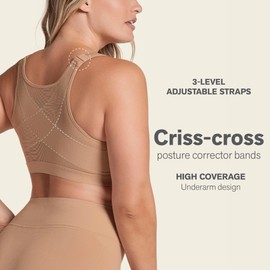 Leonisa Posture Corrector Bra, Wireless Front Closure Back Support Bra for Women – Full Coverage with Criss-Cross Support, 801 - Golden Beige, 38D