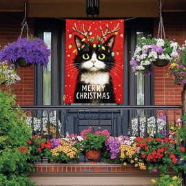 BlissYard Merry Christmas Garden Flag Black and White Cat Wooden Reindeer Antlers 28 x 40 Inch Double Sided Large Yard Banners for Cat Lovers Porch Home Outdoor Winter Holiday Pet Decor