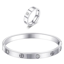 Silver Friendship Love Bracelet with Ring Jewelry Set for Women Stainless Steel Cuff Oval Bangle Simple Cubic Zirconia Stones Bangle Cuff Best Gifts for Mother's Day Valentine's Day Wedding Birthdays