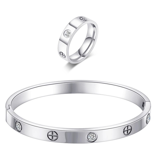 Silver Friendship Love Bracelet with Ring Jewelry Set for Women
