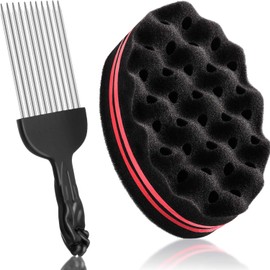 Pack of 2 Hair Brush Sponge and Afro Comb, Black Twist Sponge Brush Twist Wave Barber Tool and Metal Hair Comb Pick for Salon, Dreadlocks, Curls, Waves, Wig, Braiding Hair Comb