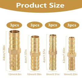 Pack of 12 Hose Connector Adapter, Brass Hose Connector Straight, Brass Barb Hose Straight Connection for Air Line Water Pipe Fuel Line Oil Line (6 mm/8 mm/10 mm/12 mm)