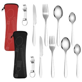 Vicloon 2 Set Travel Cutlery Set, Stainless Steel Flatware Camping Utensil with Neoprene Bag, Cutlery Set with Portable Pouch Case for for Outdoor Travel Picnic Office School Lunch Box (Black & Red)