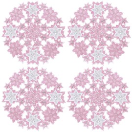 Grelucgo Set of 4 Embroidered 15-Inches Round Snowflakes Doilies for Christmas and Winter (Pink)
