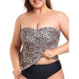 Ocean Blues Women's Leopard Bandeau Tankini Top Ruched Tummy Control Bikni Top Strapless Bathing Suit Top Only Size Medium