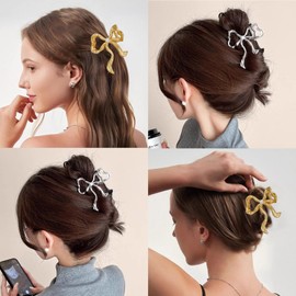 enophe 2PCS Silver Gold Meatl Hair Claw Clips for Women,Fashion French Metal Bow Hair Clips for Thin Thick Hair,Non-slip Cute Jaw Barrettes,Strong Hold Medium Hair Clamps,Hair Accessories for Women