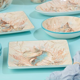 Escape to the Sea 10.5-Inch Dinner Plates, Set of 4, Coastal Seashell & Coral Design, Durable Ceramic, Microwave & Dishwasher Safe, Ocean-Inspired Tableware for Indoor & Outdoor Dining