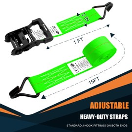 SALUINOKI 6 Pack 2 inch Ratchet Straps Heavy Duty J Hook 2 in x 15ft with Strong Ratcheting, Cargo Load Tie Down Strap 2200lbs Working Load for Trucks Green