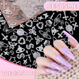 150 Pcs Silver Y2K Nail Charms, 3D Star Crown Planet Nail Art Charms, Punk Butterfly Dollar Cross Alloy Jewelry Nail Art Decoration, Moon Nail Studs Charms for Nails Design