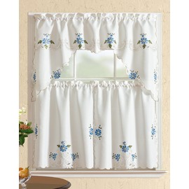 All American Collection 3 Piece Floral Embroidered Kitchen Curtain Set with Swag Valance, Blue
