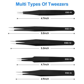 UUBAAR 10 PCS Precision Tweezers Set, Stainless Steel ESD Anti-Static Tweezers Kit for Electronics Soldering, Jewelry-Making, Laboratory & Crafts - Includes Storage Bag