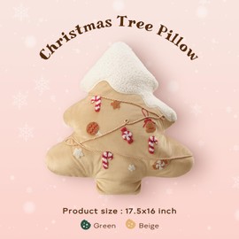Ashler Merry Christmas Tree Shaped Pillow, Pine Tree Christmas Throw Pillow, White Teddy & Soft Velvet Xmas Decorative with Cute Embroidery, for Couch, Bedroom, Living Room, Beige, 19x17 inches