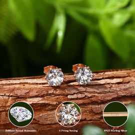 GEMQUEEN Moissanite Earrings Studs : 18K Rose Gold Plated 925 Sterling Silver Earrings for Sensitive Ears Women Men Hypoallergenic Dainty Gold Stud Earring Jewelry Round Cut D Color VVS1 Clarity 2CT