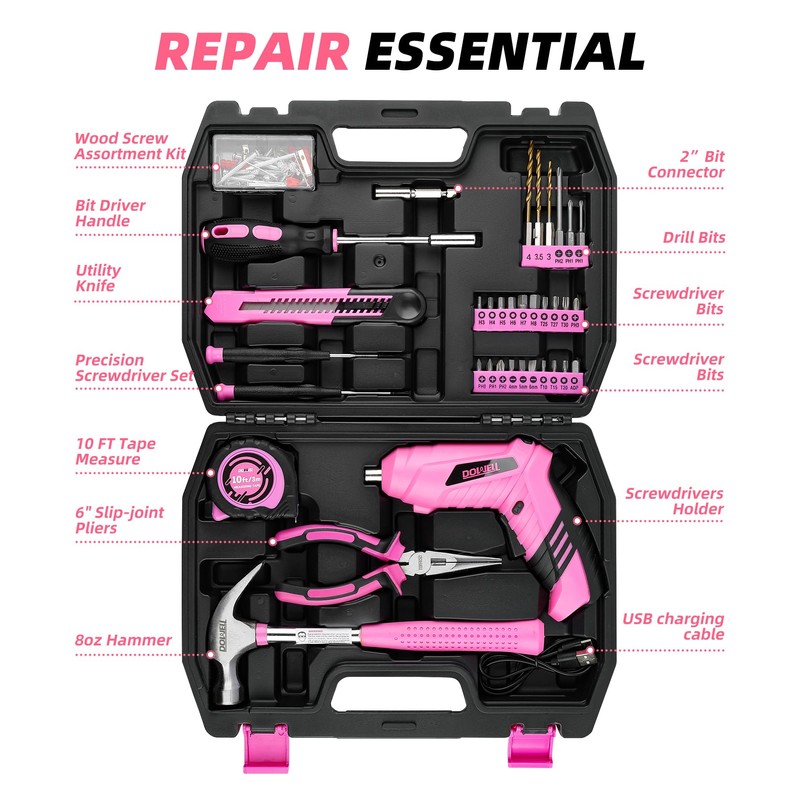 DOWELL 116Pcs Pink Tool Kit with 3.6V USB Cordless Screwdriver,