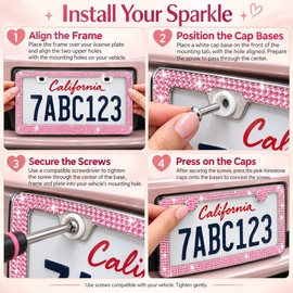 2pcs Bling Rhinestone License Plate Frame, Sparkling Crystal Car Tag Cover with Screw Caps, Universal Standard