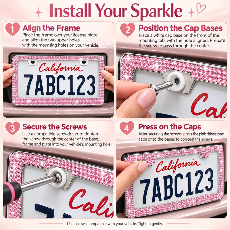 2pcs Bling Rhinestone License Plate Frame, Sparkling Crystal Car Tag