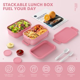 Jelife Bento Lunch Box for Adults - 3 Layers Leak-Proof Stackable Bento Box for Adults, 72oz Large-Style All-in-One Adult Lunchbox Bento Box with Utensil Accessories for Dining Out,Work, Pink