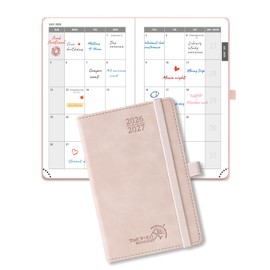 POPRUN 2 Year Month to View Pocket Diary 2026-2027 A6 Monthly Planner (24 Months: Jan'26 - Dec'27) 100 gsm Paper, 4 Pages per Month, 144 Pages, PU Leather Hardback (Soft Pink）