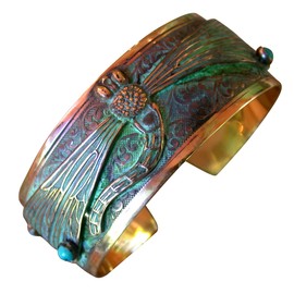 Elaine Coyne Verdigris Patina Decorative Dragonfly Wearable Art Cuff Bracelet - Turquoise